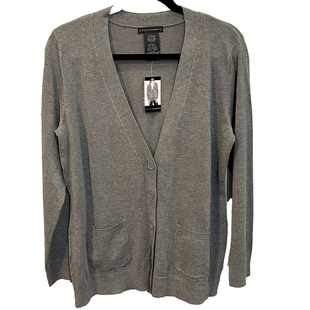 Grace Elements Women's L Gray‎ V Neck Button Pockets Boyfriend Sweater Cardigan